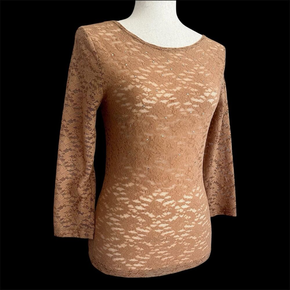 Rave Y2K Lace Top Size L Nude Beige Stretch Sheer Fitted Vintage Fairy Romantic
